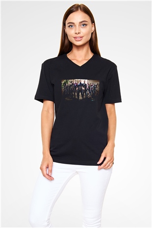 Unisex Avengers Sonsuzluk Savaşı Baskılı Siyah V Yaka T-shirt