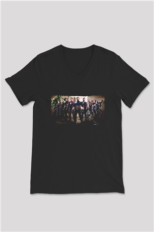 Unisex Avengers Sonsuzluk Savaşı Baskılı Siyah V Yaka T-shirt