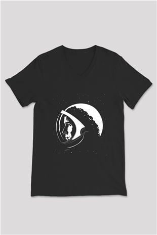 Unisex Ayda İlk İnsan (First Man) Baskılı Siyah V Yaka Tişört