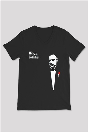 Unisex Baba (The Godfather) Baskılı Siyah Unisex V Yaka Tişört