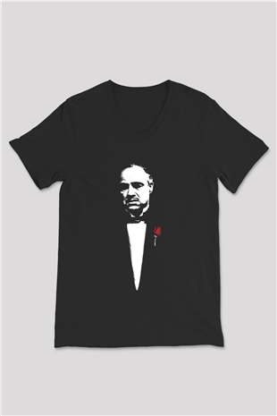 Unisex Baba (The Godfather) Baskılı Siyah V Yaka Tişört