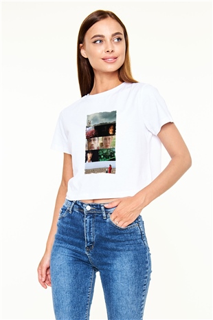 Unisex Babel - Babil Baskılı Beyaz Crop Top Tişört