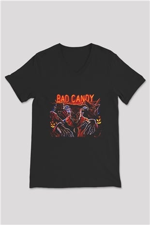 Unisex Bad Candy Baskılı Siyah V Yaka Tshirt