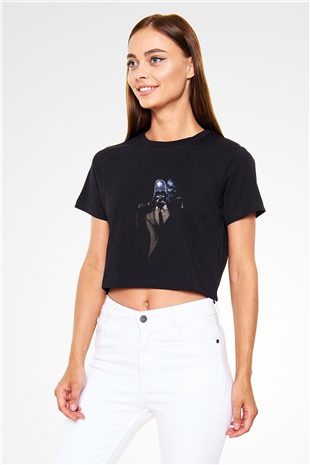 Unisex Badass Vader Baskılı Siyah Crop Top T-shirt