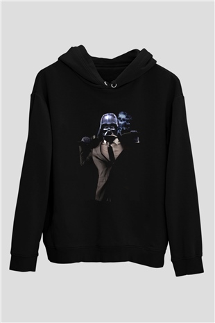 Unisex Badass Vader Baskılı Siyah Kapüşonlu Sweatshirt