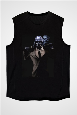 Unisex Badass Vader Baskılı Siyah Kolsuz T-shirt