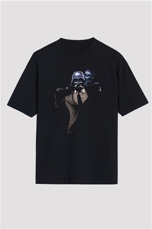 Unisex Badass Vader Baskılı Siyah Oversize T-shirt