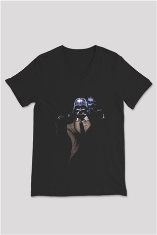Unisex Badass Vader Baskılı Siyah V Yaka T-shirt