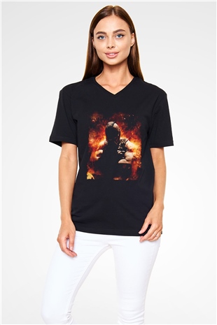 Unisex Bane Baskılı Siyah V Yaka T-shirt