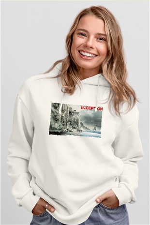 Unisex Başlangıç - Inception Baskılı Beyaz Kapüşonlu Sweatshirt