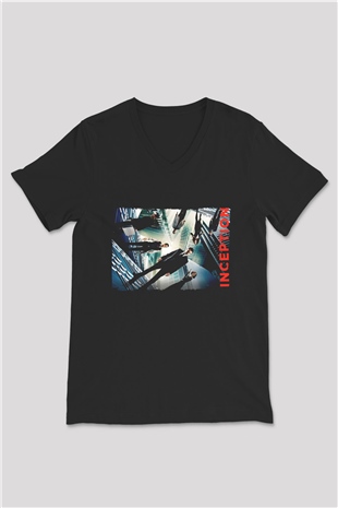 Unisex Başlangıç (Inception) Baskılı Siyah V Yaka T-shirt