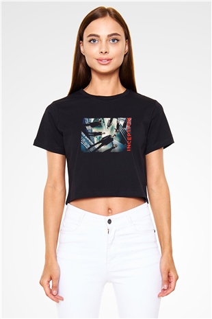 Unisex Başlangıç (Inception) Baskılı Siyah Crop Top T-shirt