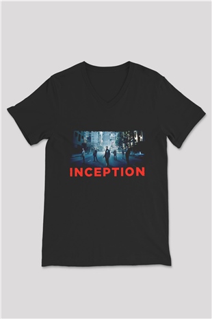 Unisex Başlangıç (Inception) Baskılı Siyah Unisex V Yaka Tişört