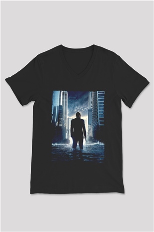 Unisex Başlangıç (Inception) Baskılı Siyah V Yaka Tişört