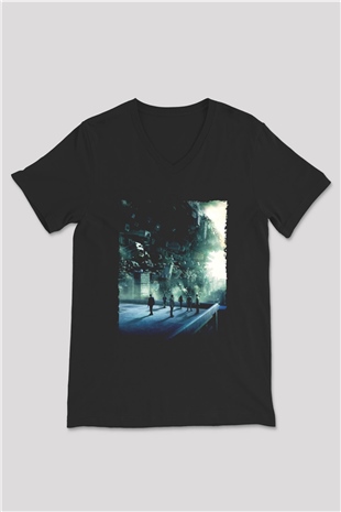 Unisex Başlangıç (Inception) Baskılı Siyah V Yaka Tshirt