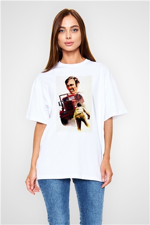 Unisex Belâ (Duel) Baskılı Beyaz Oversize Oversize T-shirt
