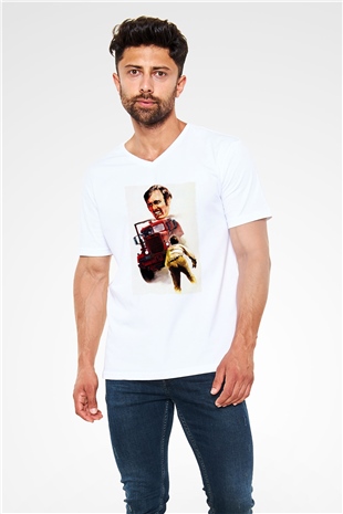 Unisex Belâ (Duel) Baskılı Beyaz V Yaka Tshirt
