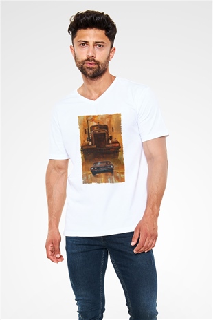 Unisex Belâ (Duel) Baskılı Beyaz V Yaka Tişört