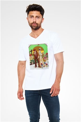Unisex Belalılar (The Sting) Baskılı Beyaz V Yaka T-shirt