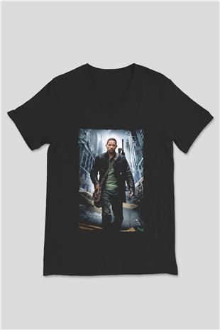 Unisex Ben Efsaneyim (I Am Legend) Baskılı Siyah V Yaka T-shirt