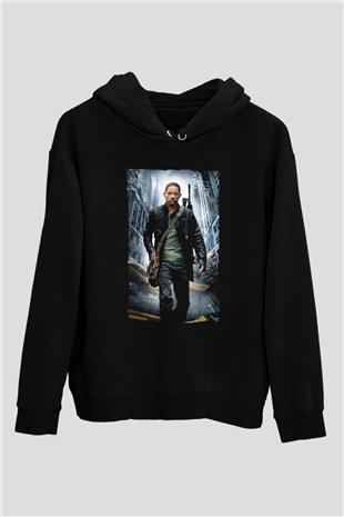 Unisex Ben Efsaneyim (I Am Legend) Baskılı Siyah Kapüşonlu Sweatshirt