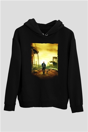 Unisex Ben Efsaneyim (I Am Legend) Baskılı Siyah Kapüşonlu Sweatshirt