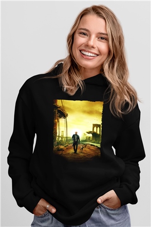 Unisex Ben Efsaneyim (I Am Legend) Baskılı Siyah Kapüşonlu Sweatshirt