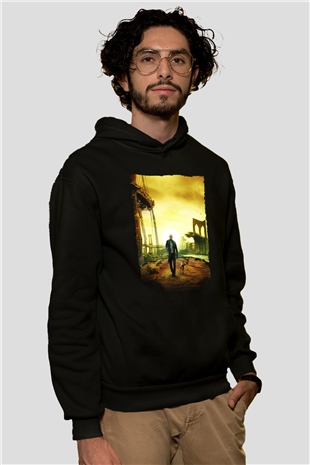 Unisex Ben Efsaneyim (I Am Legend) Baskılı Siyah Kapüşonlu Sweatshirt