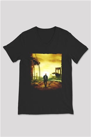 Unisex Ben Efsaneyim (I Am Legend) Baskılı Siyah V Yaka Tshirt