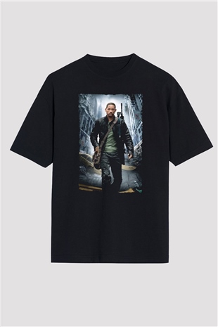 Unisex Ben Efsaneyim (I Am Legend) Baskılı Siyah Oversize T-shirt