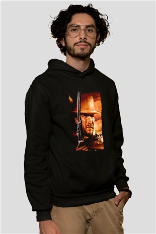 Unisex Bir Avuç Dolar (A Fistful of Dollars) Baskılı Siyah Kapüşonlu Sweatshirt