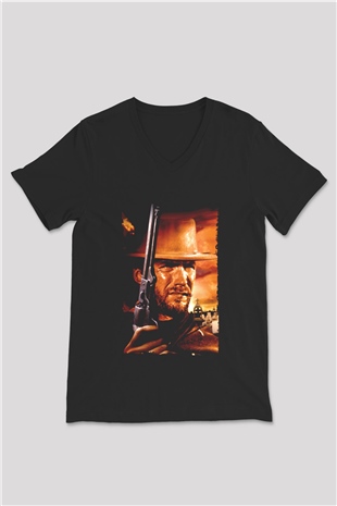 Unisex Bir Avuç Dolar (A Fistful of Dollars) Baskılı Siyah V Yaka Tshirt