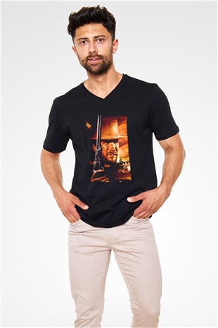 Unisex Bir Avuç Dolar (A Fistful of Dollars) Baskılı Siyah V Yaka Tshirt