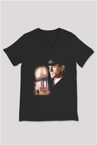 Unisex Bir Zamanlar Amerika (Once Upon a Time in America) Baskılı Siyah V Yaka Tshirt