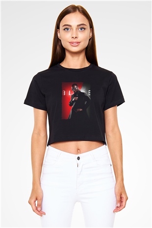 Unisex Blade Baskılı Siyah Crop Top T-shirt