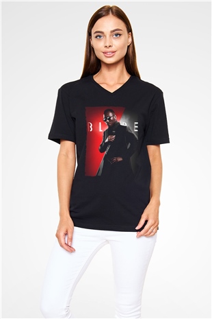 Unisex Blade Baskılı Siyah V Yaka T-shirt