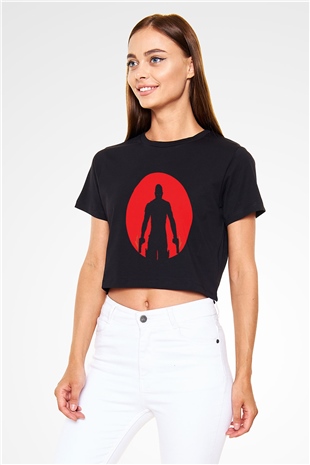 Unisex Bloodshot Baskılı Siyah Crop Top Tişört