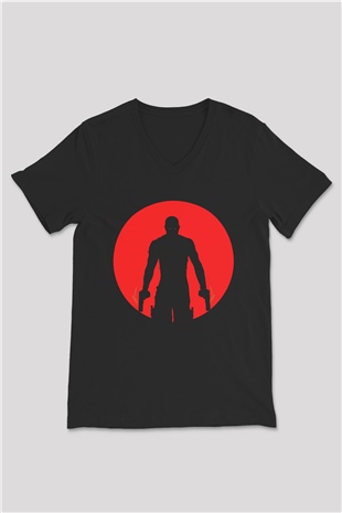Unisex Bloodshot Baskılı Siyah V Yaka Tişört