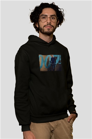 Unisex Bond 25 (No Time to Die) Baskılı Siyah Kapüşonlu Sweatshirt