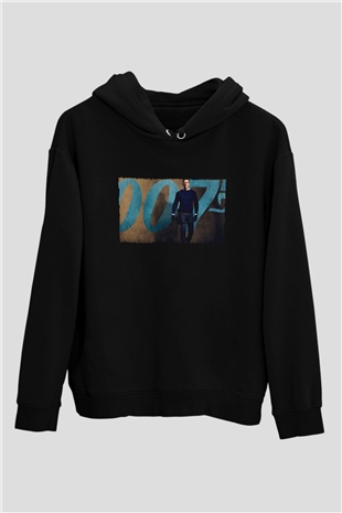 Unisex Bond 25 (No Time to Die) Baskılı Siyah Kapüşonlu Sweatshirt