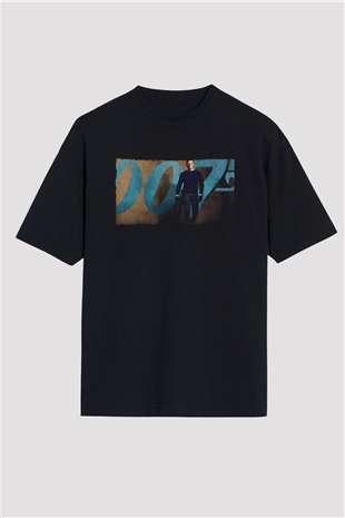 Unisex Bond 25 (No Time to Die) Baskılı Siyah Oversize Tişört
