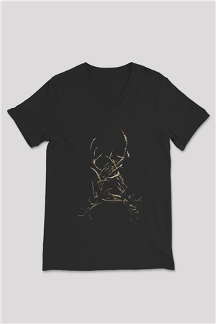 Unisex Boynuzlar (Antlers) Baskılı Siyah V Yaka Tshirt