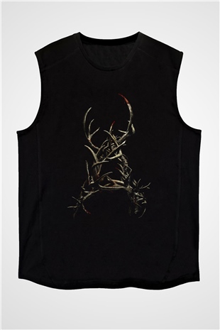 Unisex Boynuzlar (Antlers) Baskılı Siyah Kolsuz Tshirt