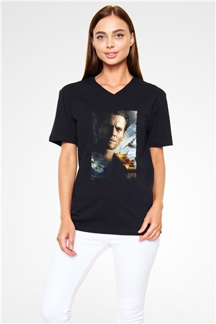 Unisex Boyun Eğmez (Unbroken) Baskılı Siyah V Yaka T-shirt