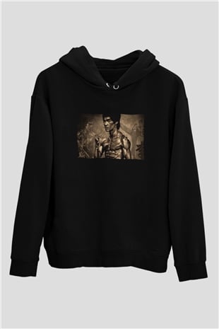 Unisex Bruce Lee Baskılı Siyah Kapüşonlu Sweatshirt