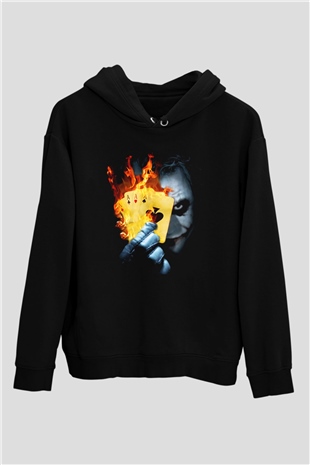 Unisex Burning Poker Joker Baskılı Siyah Kapüşonlu Sweatshirt