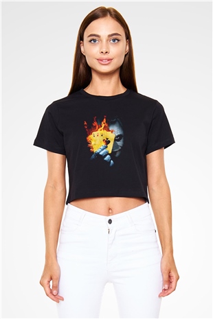 Unisex Burning Poker Joker Baskılı Siyah Crop Top T-shirt