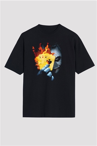 Unisex Burning Poker Joker Baskılı Siyah Oversize T-shirt