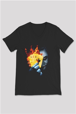 Unisex Burning Poker Joker Baskılı Siyah V Yaka T-shirt