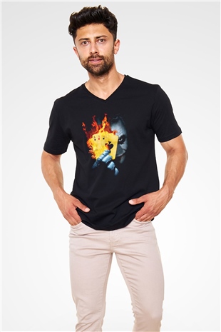 Unisex Burning Poker Joker Baskılı Siyah V Yaka T-shirt